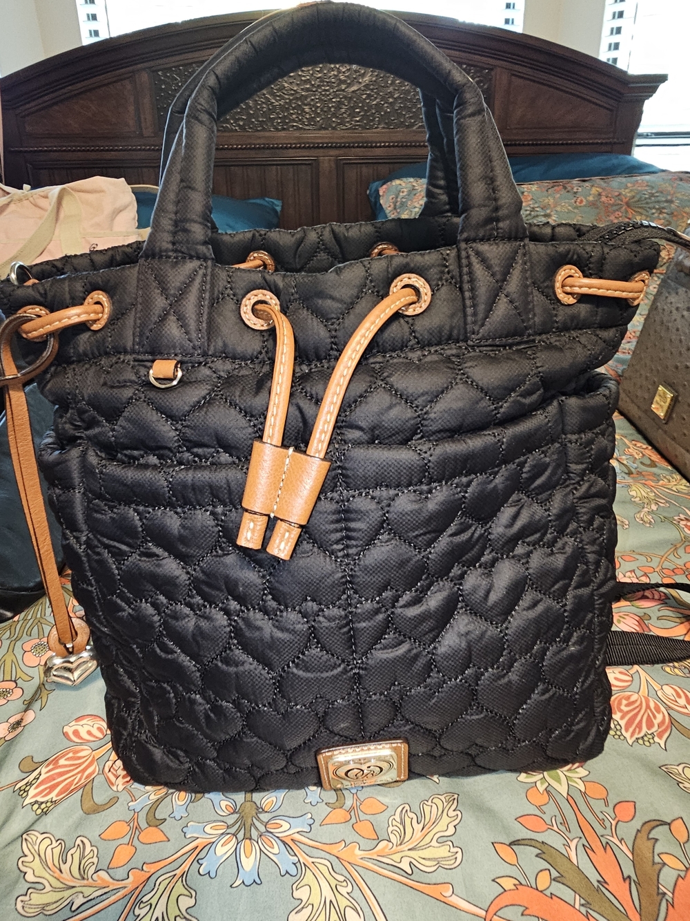 Brighton Black Quilted Tote with Tan Trim and Drawstring